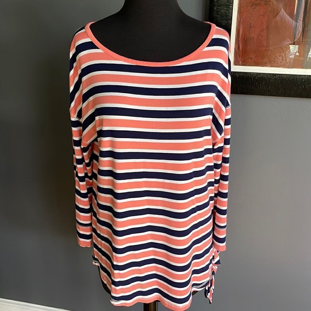 T by Talbots navy/coral/white stripe stretch tunic. UPF 50+ protection. Medium